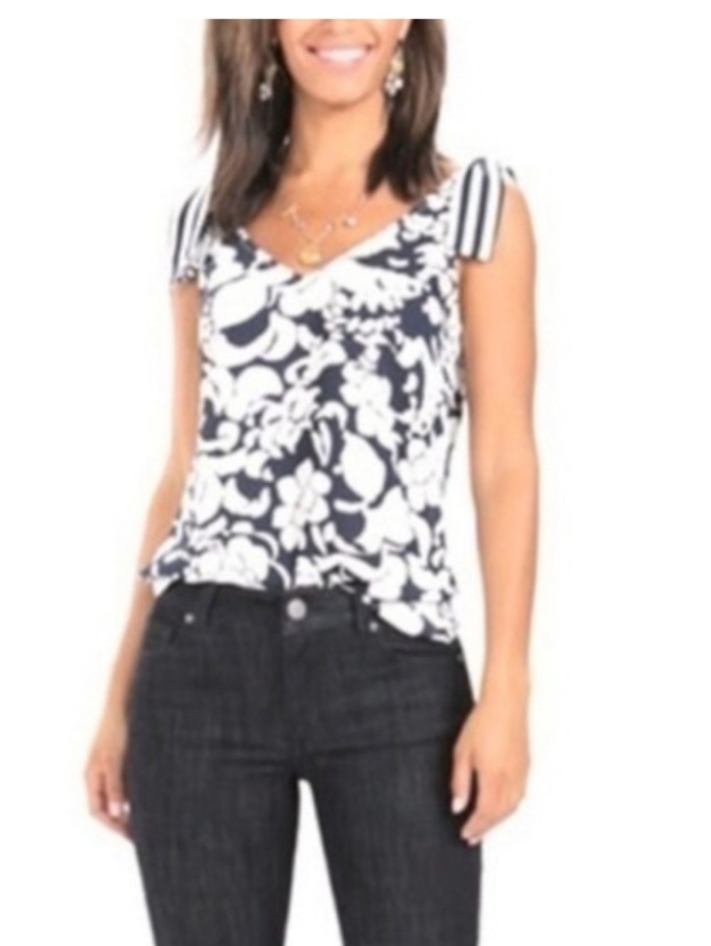 CAbi Mia Navy and White Floral Tie-Shoulder Blouse